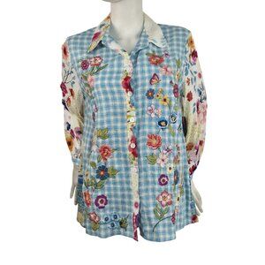 John Mark Women’s Shirt Top Embroidered Floral 3/4 Sleeve Button  Tunic  (53)